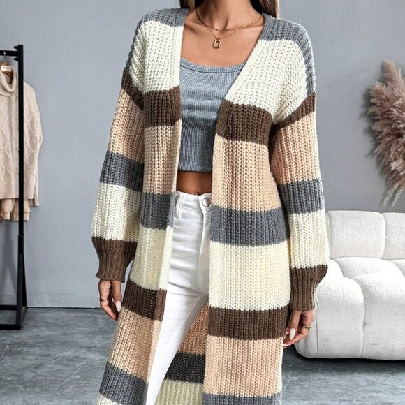 Multicolor Casual Women's Colorblock Patchwork Long Open Front Cardigan - Picture 4 of 6